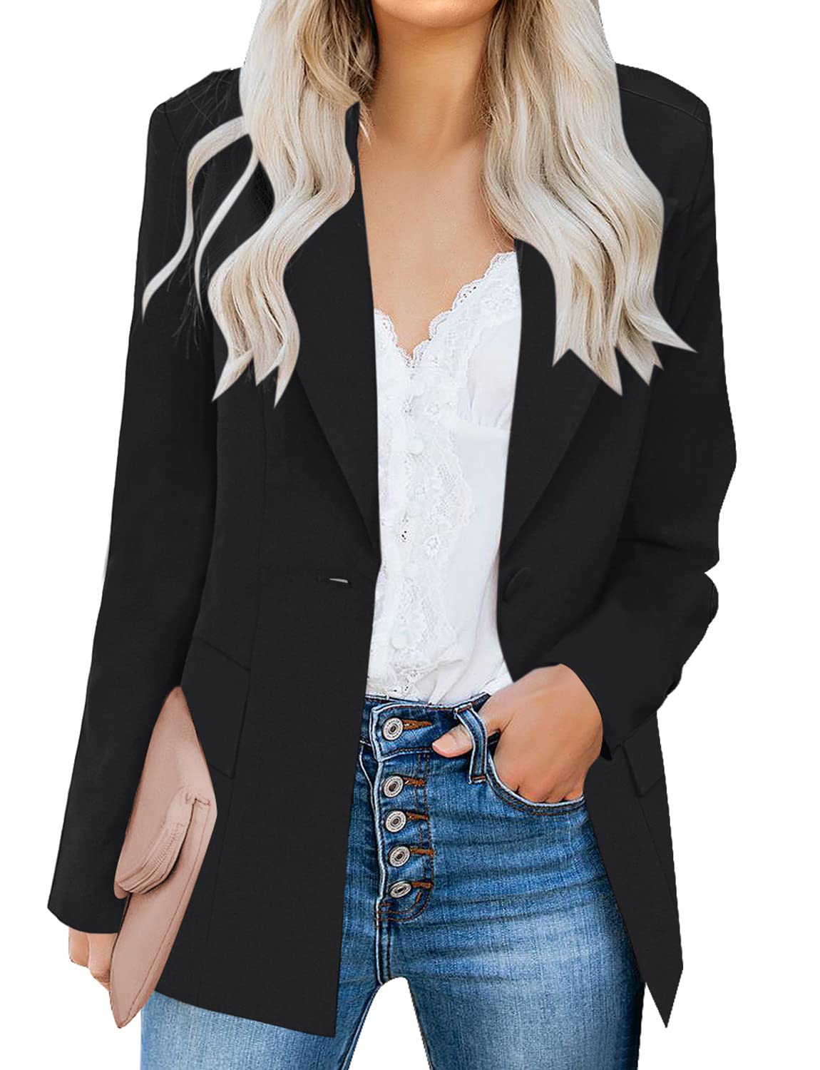 Photo 1 of luvamia Women's Long Blazer Jacket Casual Notched Lapel One Button Work Office Blazer Jacket Suit Black Size Large (Fits US 12-14)