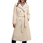 Fisoew Women Double Breasted Coats Long Winter Work Office Overcoat Pocketed Outwear with Belt