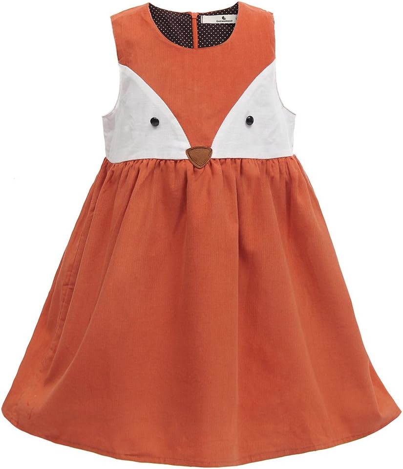 EverweekendSweet Girls Fox Dress Spring Fall Corduroy Ruffles Cartoon Cotton Dress