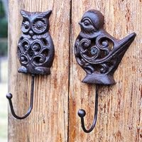 OwMell Set of 2 Owl and Bird Cast Iron Wall Hanger Hooks Rack, Vintage Rustic Decorative Wall Mounted Coat Hook Metal Clothes Hanger