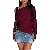 Goafuliy Womens Sexy Off Shoulder Blouses Long Sleeve Shirts Asymmetrical Side Split Ruched Y2k Going Out Tops