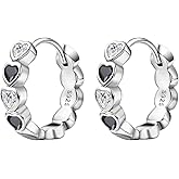Heart Hoop Earrings with Black White Cubic Zirconia Sterling Silver Love Heart Huggie Earrings Cartilage Tiny Cute Small Huggie Hoops Hypoallergenic for Sensitive Ear for Women Daughter Birthday