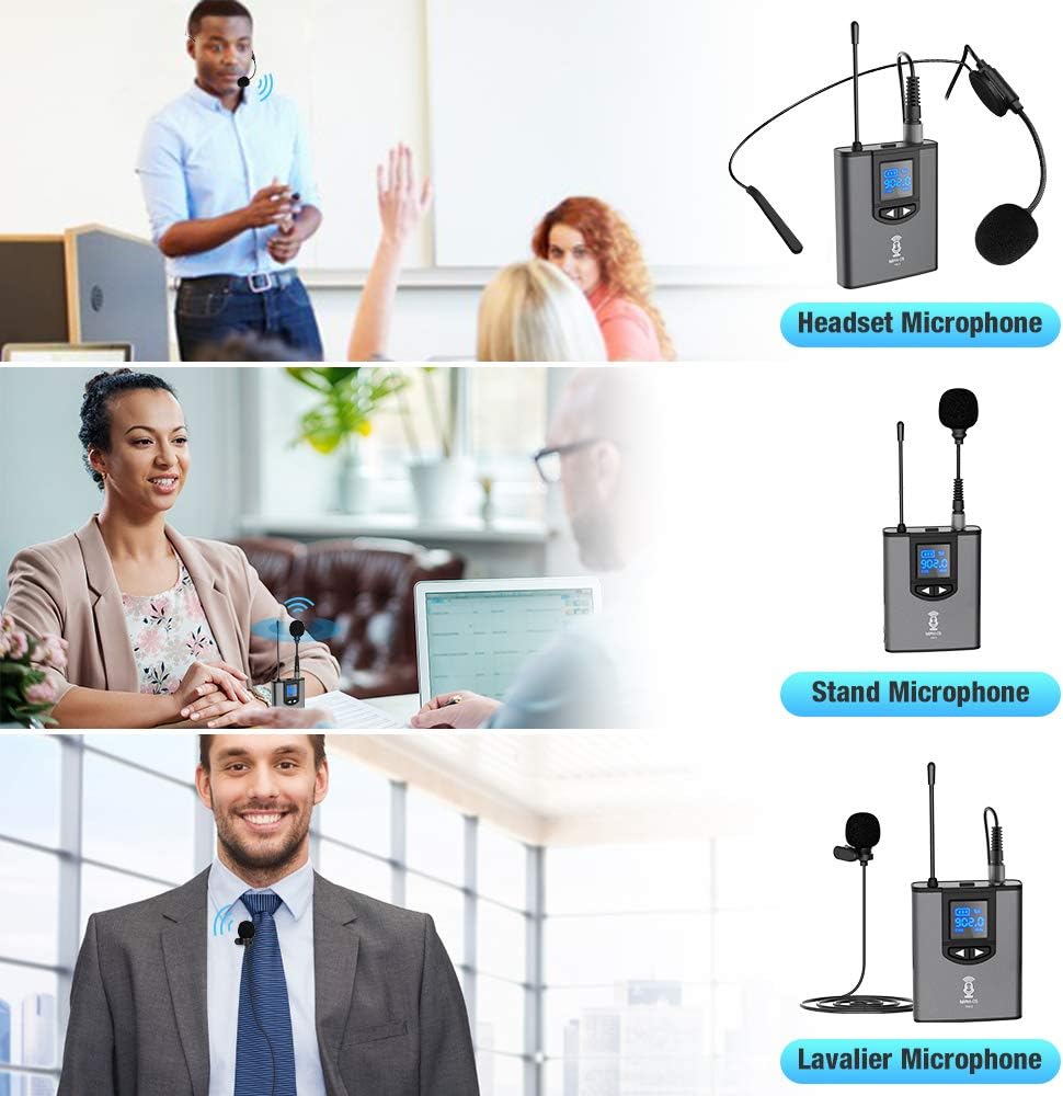 UHF Wireless Microphone System Headset Mic/Stand Mic/Lavalier Lapel Mic with Rechargeable Bodypack Transmitter & Receiver 1/4" Output for iPhone, PA speaker, DSLR Camera, Recording, Teaching: Musical Instruments