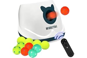 WIGGLYTAIL Automatic Ball Launcher for Dogs, Dog Ball Fetch Machine with Remote Control, Interactive Pet Self Playing for Small Dogs and Puppies with 10 Balls (2 inches)