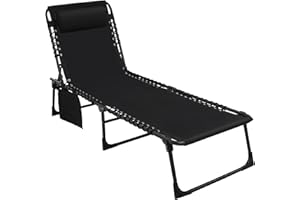 MUPATER 4-Fold Patio Chaise Lounge Chair for Outdoor with Detachable Pocket and Pillow, Portable Sun Lounger Recliner for Beach, Camping and Pool, Black