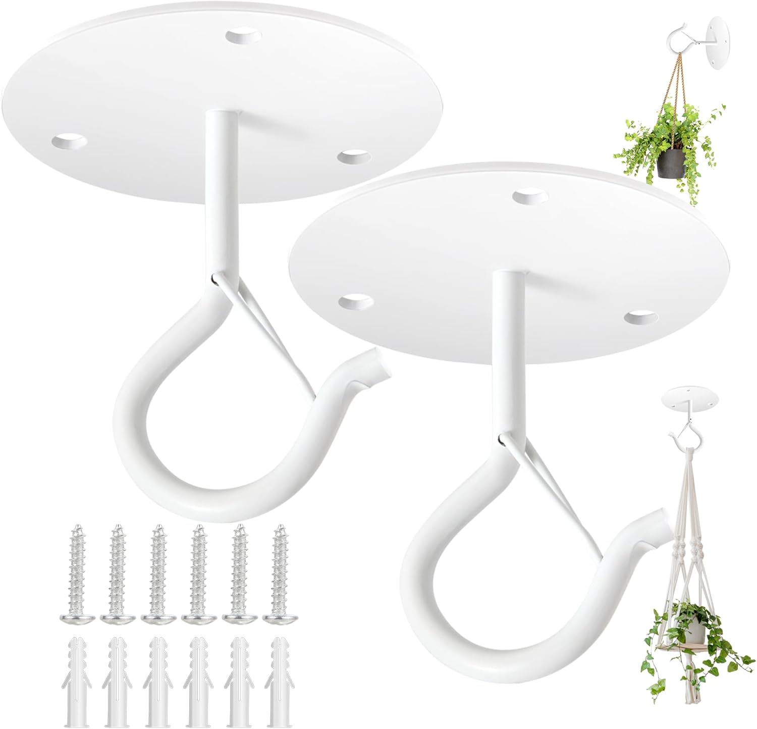 Outdoor Hanging Brackets - Ceiling Hooks 2 Pack 2.75 inch, Ceiling Hooks for Hanging Plants, with Safety Buckle, Metal Plant Hooks Heavy Duty, for Hanging Baskets,Lights,Planters,Lanterns,Bird Feeders,Outdoor,Indoor(White)