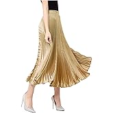 TONCHENGSD Women's Satin Metallic Midi Skirts Pleated Accordion Long Skirt