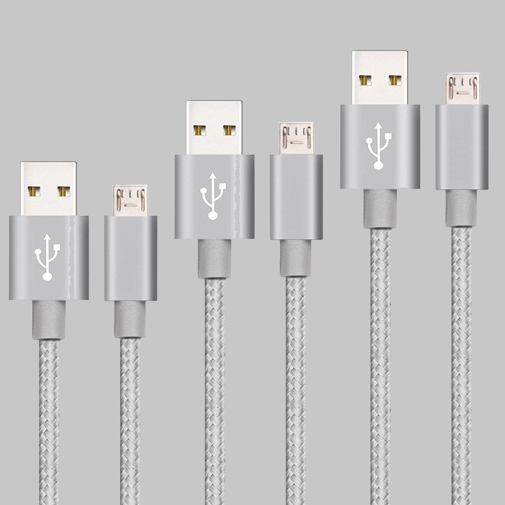 Pasway 3Pack (3ft/1m 6ft/2m 10ft/3m) Micro USB Cable Nylon Braided Sync Charging Cord Wire Universal for Android Smartphone & Tablets (Silver)