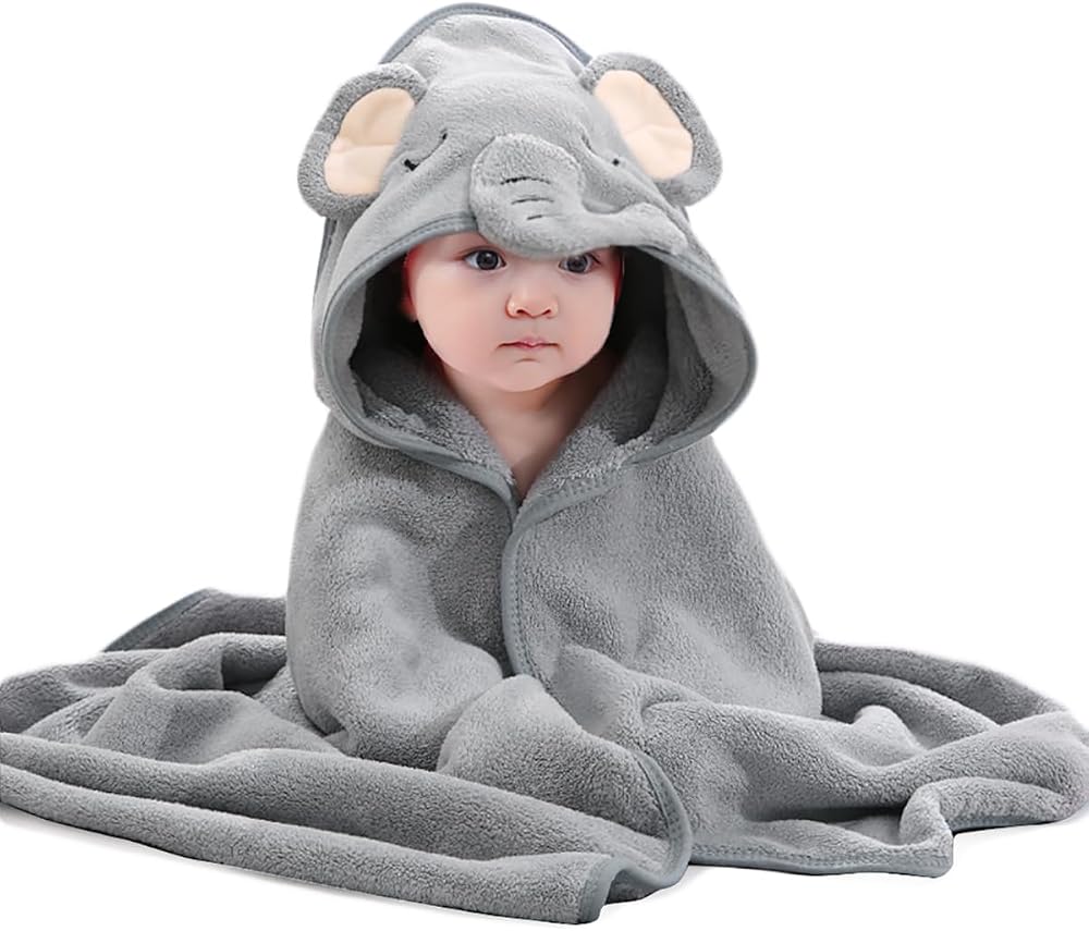 HiABsee Baby Towels with Hood Grey Elephant Ultra Soft 80x80cm