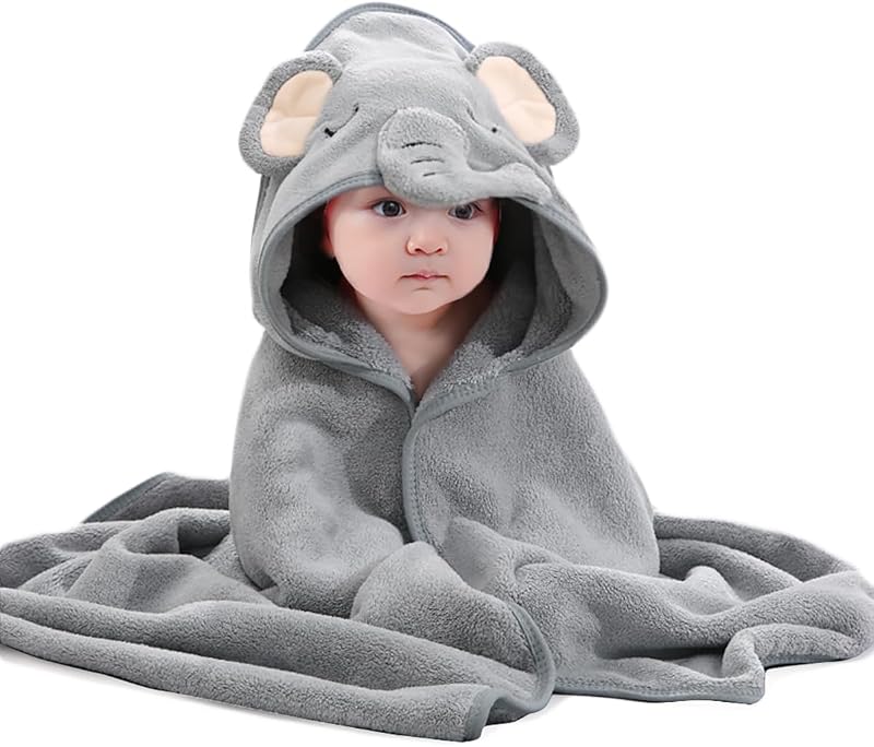 HiABsee Baby Towels with Hood Grey Elephant Ultra Soft 80x80cm