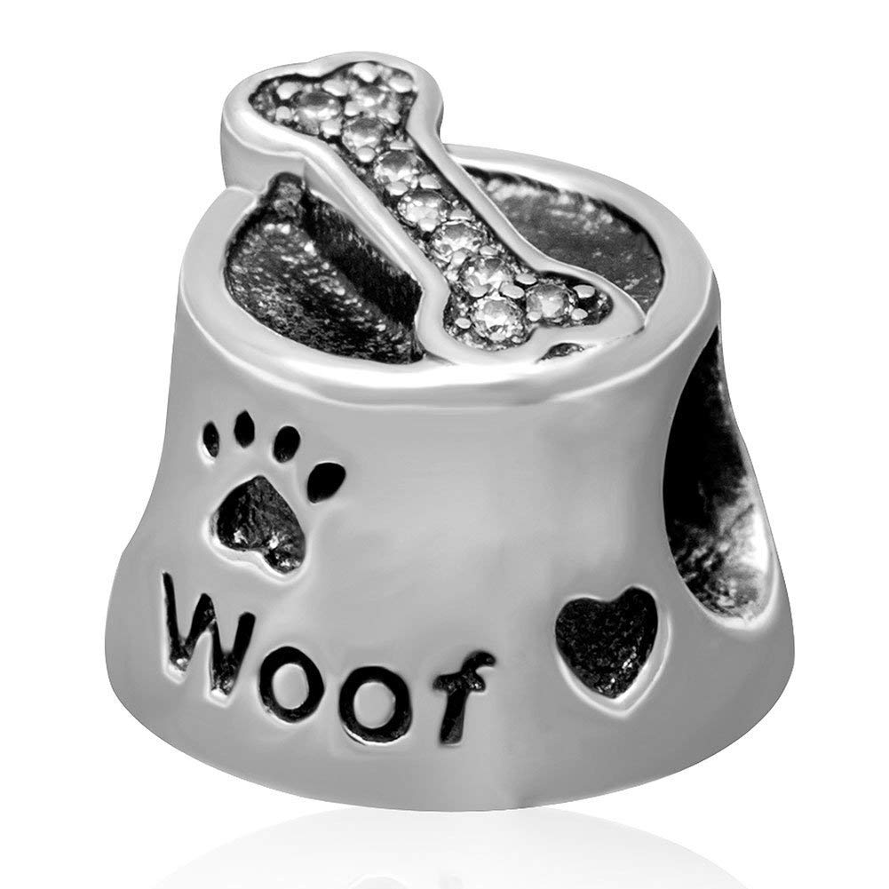 925 Sterling Silver Woof Charm Dog Bowl Charm Animal Charm Birtday Charm for Pandora Charm Bracelet (Woof)