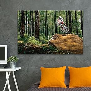 Canvas Wall Art Sports Theme - Man Riding a Bike in The Forest - Giclee Print Gallery Wrap Modern Home Art Ready to Hang - 12x18 inches