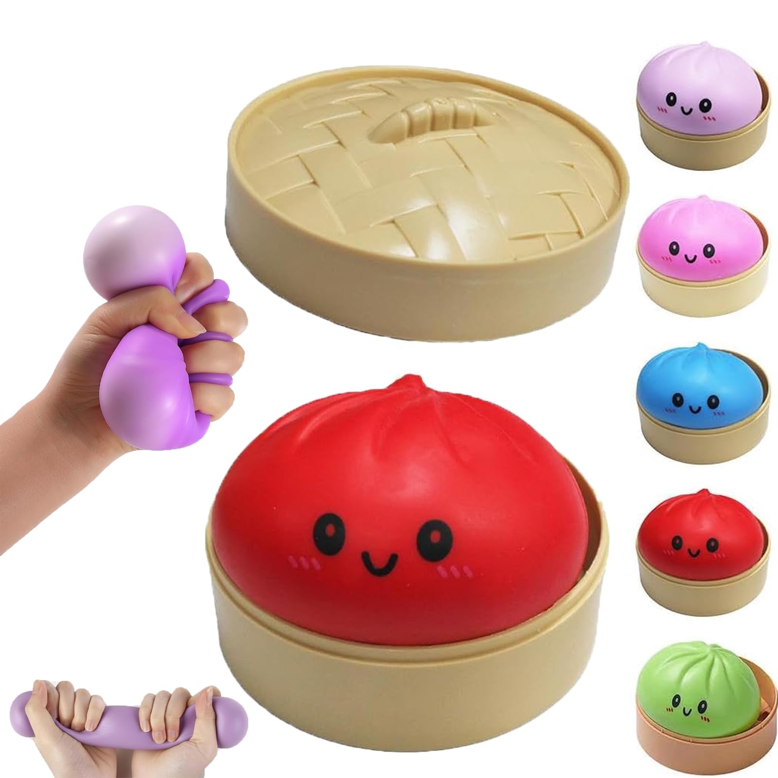 Dumpling Squishy, Glitter Dumplings Mystery Box, Squishy Dumpling Stress Relieving Toy, Soft Squeeze Decompression Dough, Easter Basket Stuffers,with Food Steamer Stretchy Desk Toys (Red)