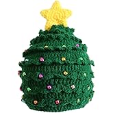 Christmas Hat for Adults, Knitted Crochet Beanie with Star, Green Plush Tree Design