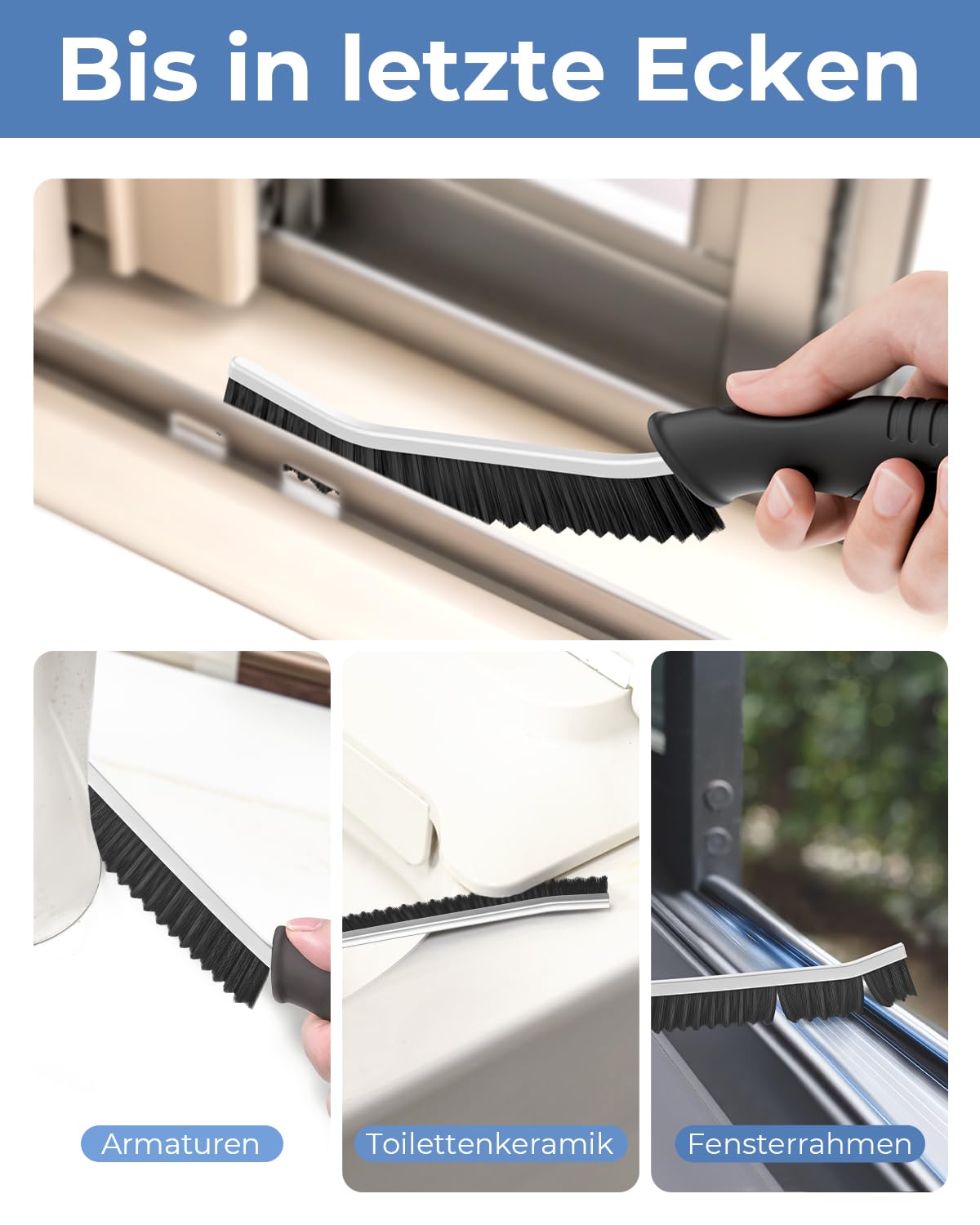 Cleangor Fugenbürste mit Zahnborsten, Hartborsten Ecken Reinigungsbürste, Crevice Cleaning Brush für Bad Fliesen Dusche Küche Toilette | Schmales Design für Ritzen & Fuge (3, SCHWARZ) 2
