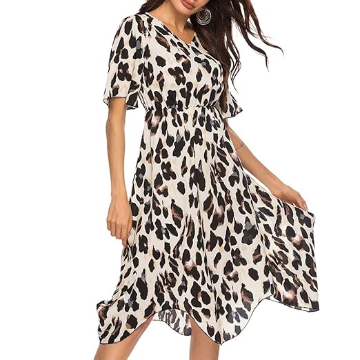 leopard print summer midi dress Women chiffon loose dresses v neck elastic waist pull on holiday dress