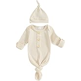 KMBANGI Newborn Baby Boys Girls Knotted Gown Hat Set Long Sleeve Button Infant Sleeper Baby Sleep Gown with Mittens