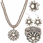 4 Pack Boho Vintage Turquoise Jewelry for Women, Bohemian Western Jewelry Set with Vintage Turquoise Necklace Dangle Earrings Stretchable Bracelet Ring, Country Cowgirl Accessories for Gift