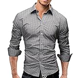 Fashion Designer Shirts for Men Long Sleeve Slim Plaid Casual Formal Spread Collar, Black, M