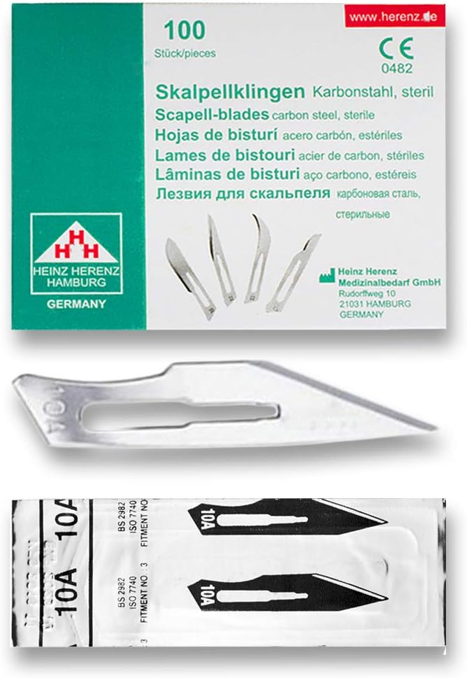 Hojas bisturi nº 10A - cuchillas escalpelo - bisturi quirurgico - recambio cuchillas - envase de abastecimiento con 100 cuchillas de repuesto