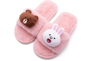 techcity Boys Girls Fuzzy House Slippers Cute Comfy Faux Fur Slip On Fluffy Plush Open Toe Home Slides for Kids Indoor Outdoor Warm Shoes