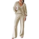 Viottiset Women's 2 Piece Outfits Casual V Neck Knit Wide Leg Sweater Lounge Set Sweatsuit