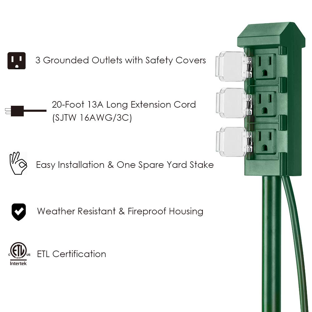 ETL Certified Green BESTTEN Outdoor Power Strip with 20Foot Ultra Long