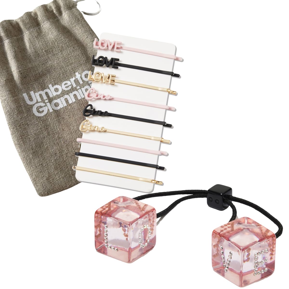 Umberto Giannini Hair Accessories Duo - Cubed Hair Bobbles (Set of 1) and Fashion Hair Slides Hair Grips (Set of 9) In Woven Pouch for Girls + Women