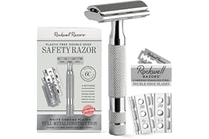 ROCKWELL RAZORS 6C White Chrome Safety Razor for Sensitive Skin. Reduces Razor Burn and Irritation. Comes with 6 Adjustable Shave Settings and 5 Recyclable Blades. Reusable Razor for Men and Women