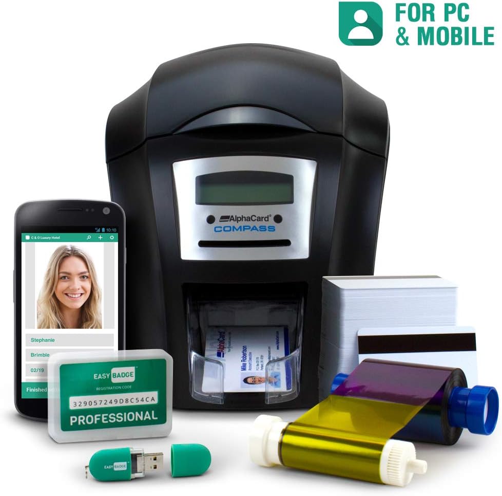 Complete ID Card Printer Bundle: AlphaCard Compass ID Printer, EasyBadge ID Software & Mobile App & ID Supplies (Single-Sided w/Mag Strip)- 100 Premium Magnetic Printable Cards