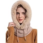 Women One Piece Slouchy Fleece Beanie Hats Scarf Mask Drawstring Warm Hooded Winter Balaclava Pullover Knitted Hat