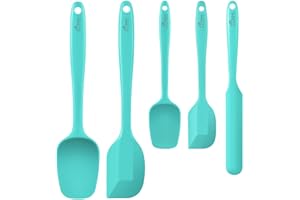 HOTEC 600℉ Heat Resistant BPA-Free Silicone Rubber Spatula Set,Kitchen Cooking Spatulas, Baking, Mixing for Non Stick Cookware, Dishwasher Safe, Set of 5 Aqua Sky
