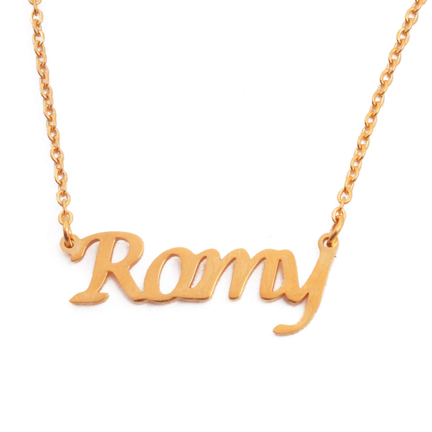 Kigu Romy Name Necklace Personalised 18ct Gold Plated, Custom Dainty Name Pendants, Jewellery for Ladies, Girlfriend, Mother, Sister, Friends Inc Bag & Box