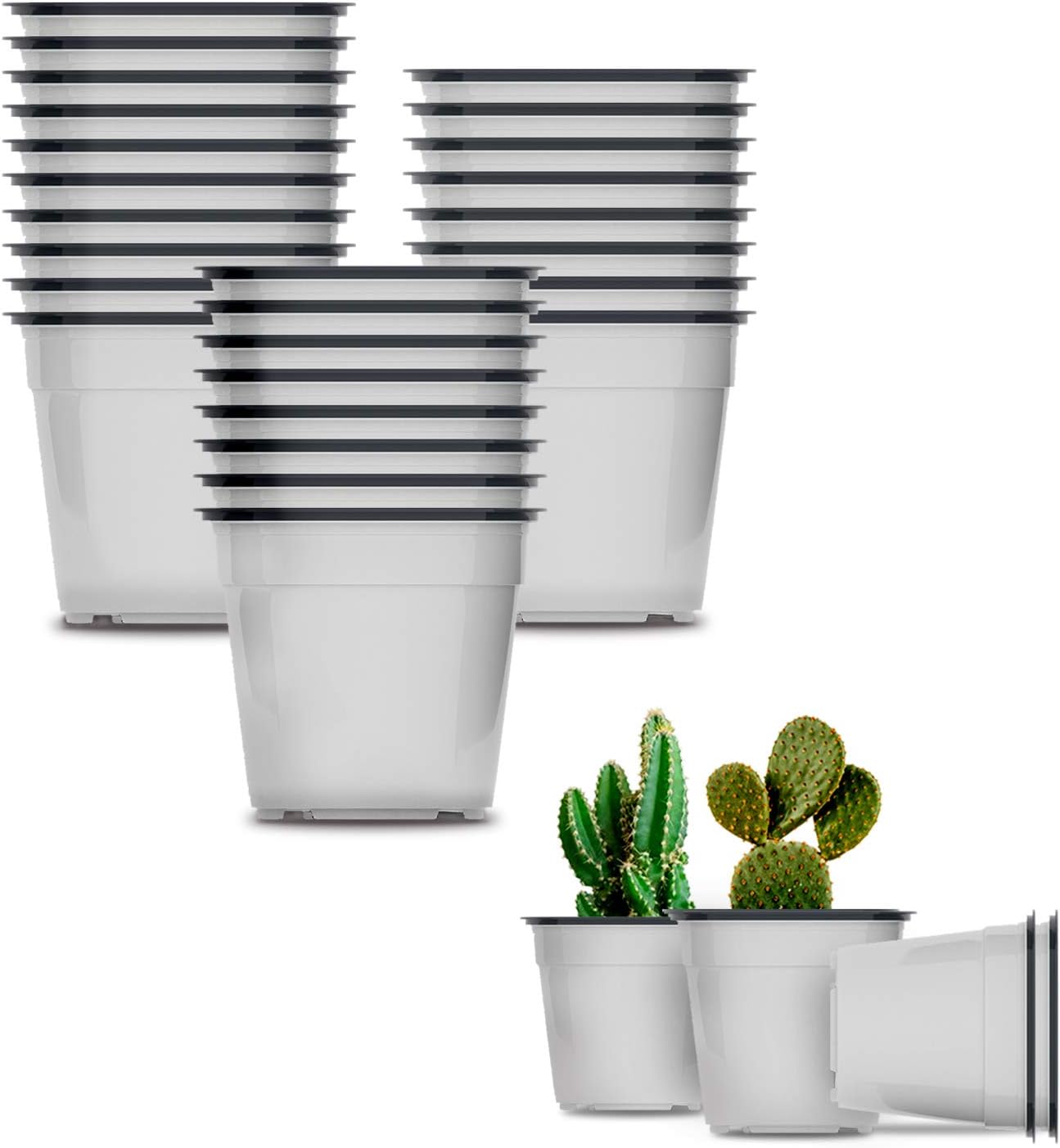 50 Pack Nursery Pots, 4 5 6 Inch Plants Flower Pots Durable Plastic Planters Indoor Modern Decorative Seed Container Pots for House Plants, Succulent, Flower (4INCH, White)