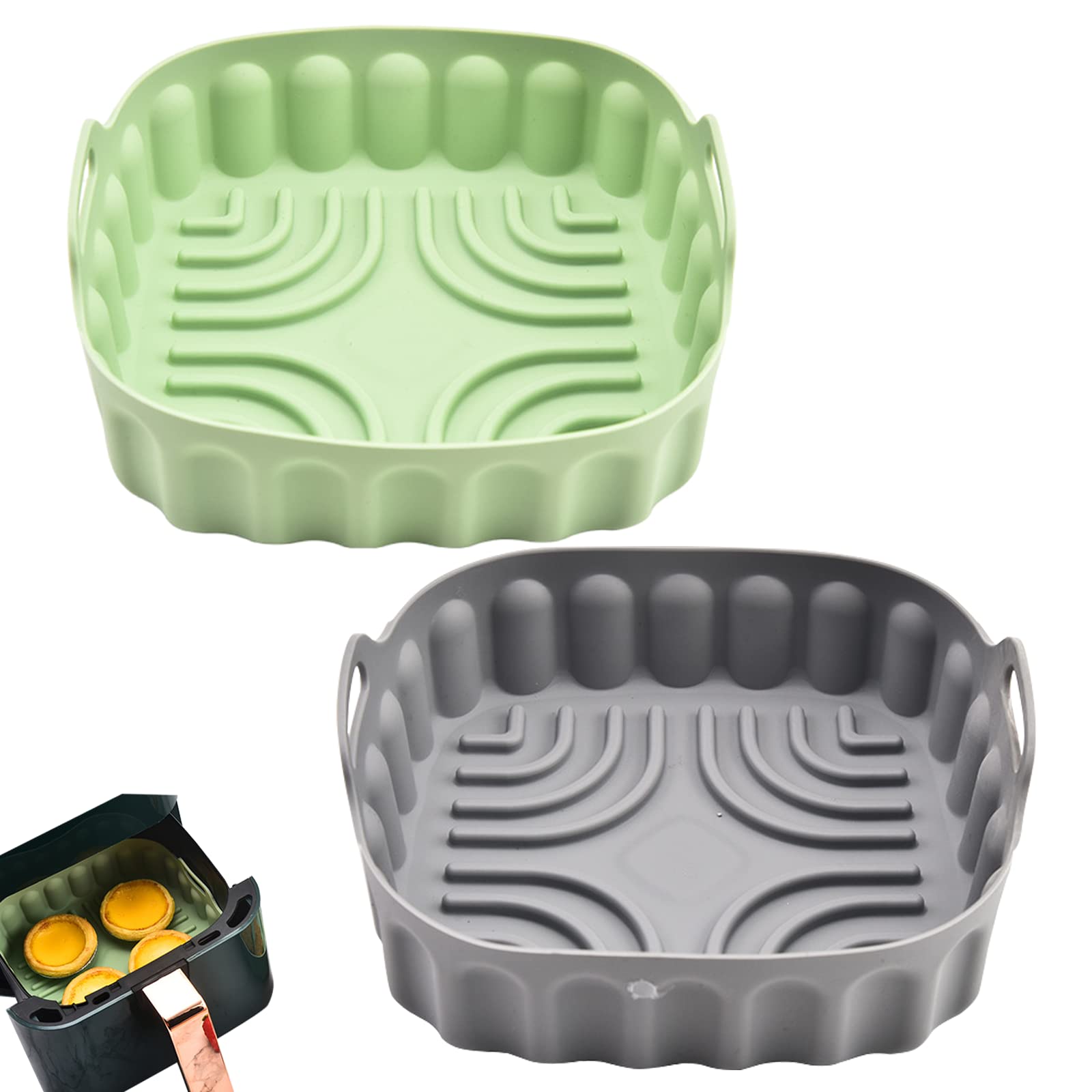 Photo 1 of 2-Pack Square Air Fryer Silicone Pot, A safe and non Stick Air Fryer,Reusable Baking Tray And Oven Accessories;Suitable For 4QT -8QT Air Fryers (Gray+Green)