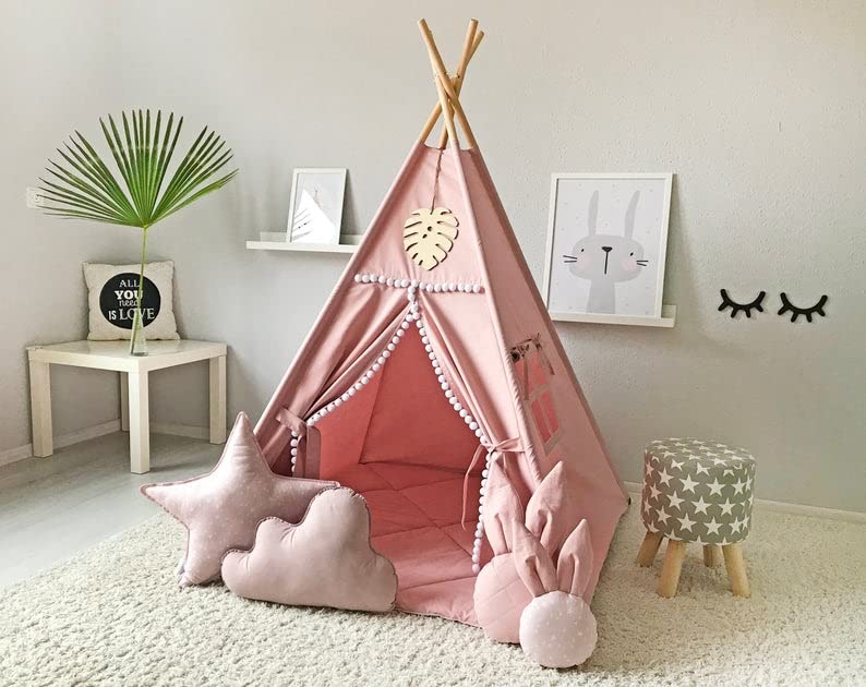 Kids Teepee Tent with White Pom Pom - Indoor Play Teepee for Children Boys Portable Play House (Pink)