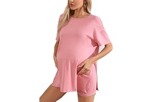 OYOANGLE Women's Maternity 2 Piece Outfits Short Sleeve Split Hem Tee Shirt and Shorts Set