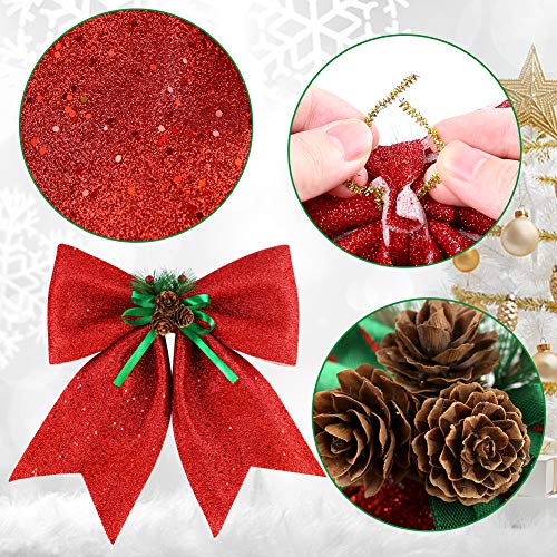 BigOtters Christmas Decorative Bows, 14.5 x 13 Inches Large Glitter Bows Sparkly Bows with Pine Cones for Wreath Garland Treetopper Xmas Tree Ornament Home Wall Door Decor, Red