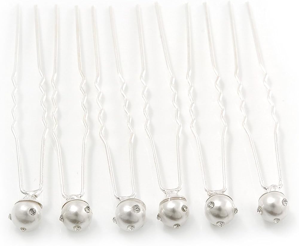 Bridal/Wedding/Prom/Party Set Of 6 Rhodium Plated Crystal Simulated Pearl Hair Pins, silver, white / ivory