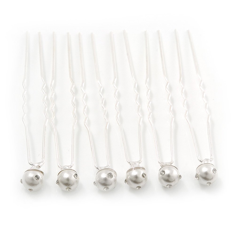 Bridal/Wedding/Prom/Party Set Of 6 Rhodium Plated Crystal Simulated Pearl Hair Pins