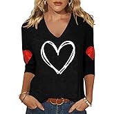 Vircreate Womens 3/4 Sleeve V Neck T-Shirts Valentina's Day Spring Shirts Love Heart Graphic Tee Tops