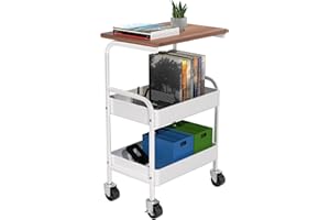 HIDODO Rolling Cart with Wooden Tabletop, 3 Tier Metal Utility Cart, Rolling Storage Organizer Cart with Lockable Wheels for Kitchen, Office, Bedroom (White)