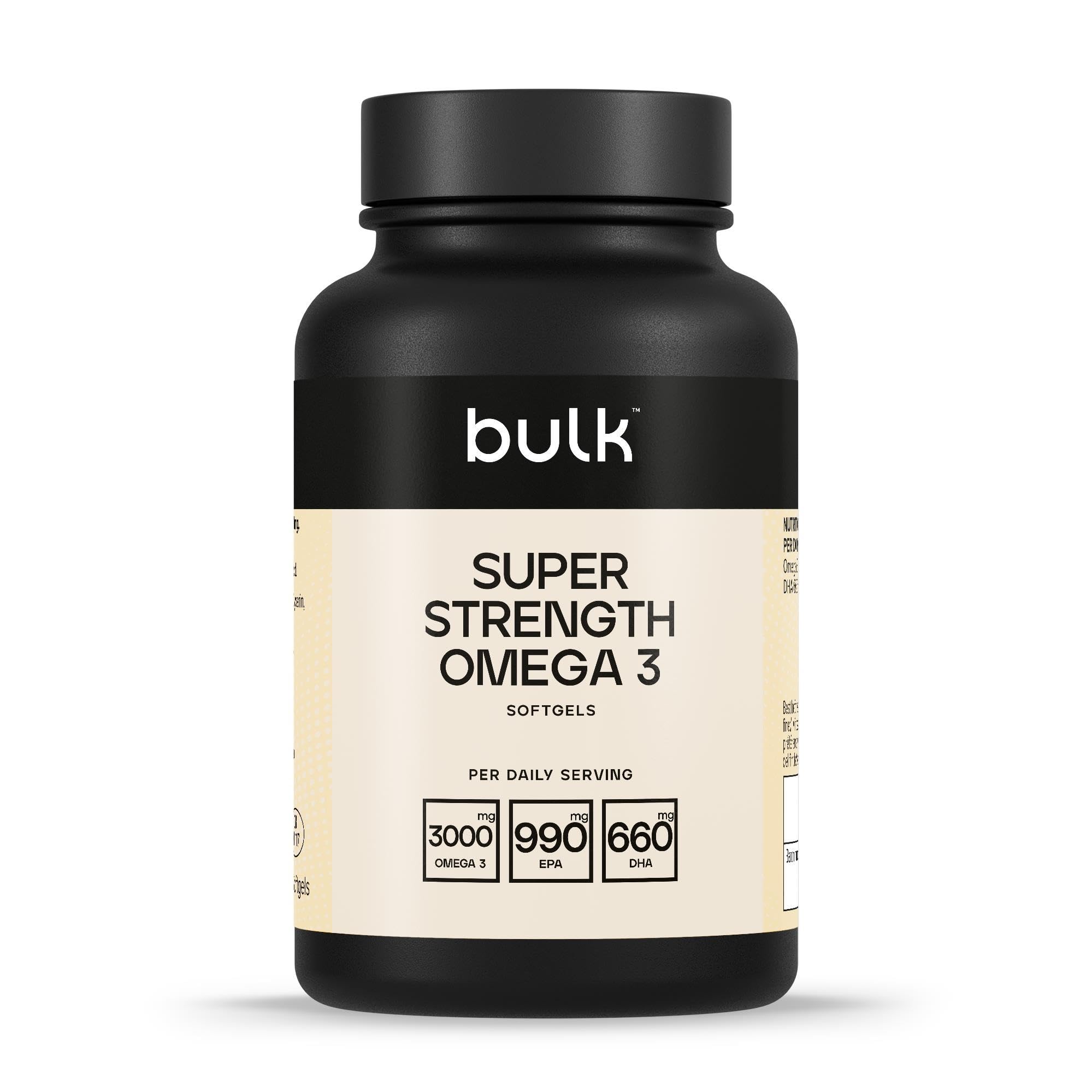 Bulk Super Strength Omega 3 Softgels, 3000 mg per Serving, 990 mg EPA & 660 mg DHA per Serving, Pack of 90, 1 Month Supply, Packaging May Vary