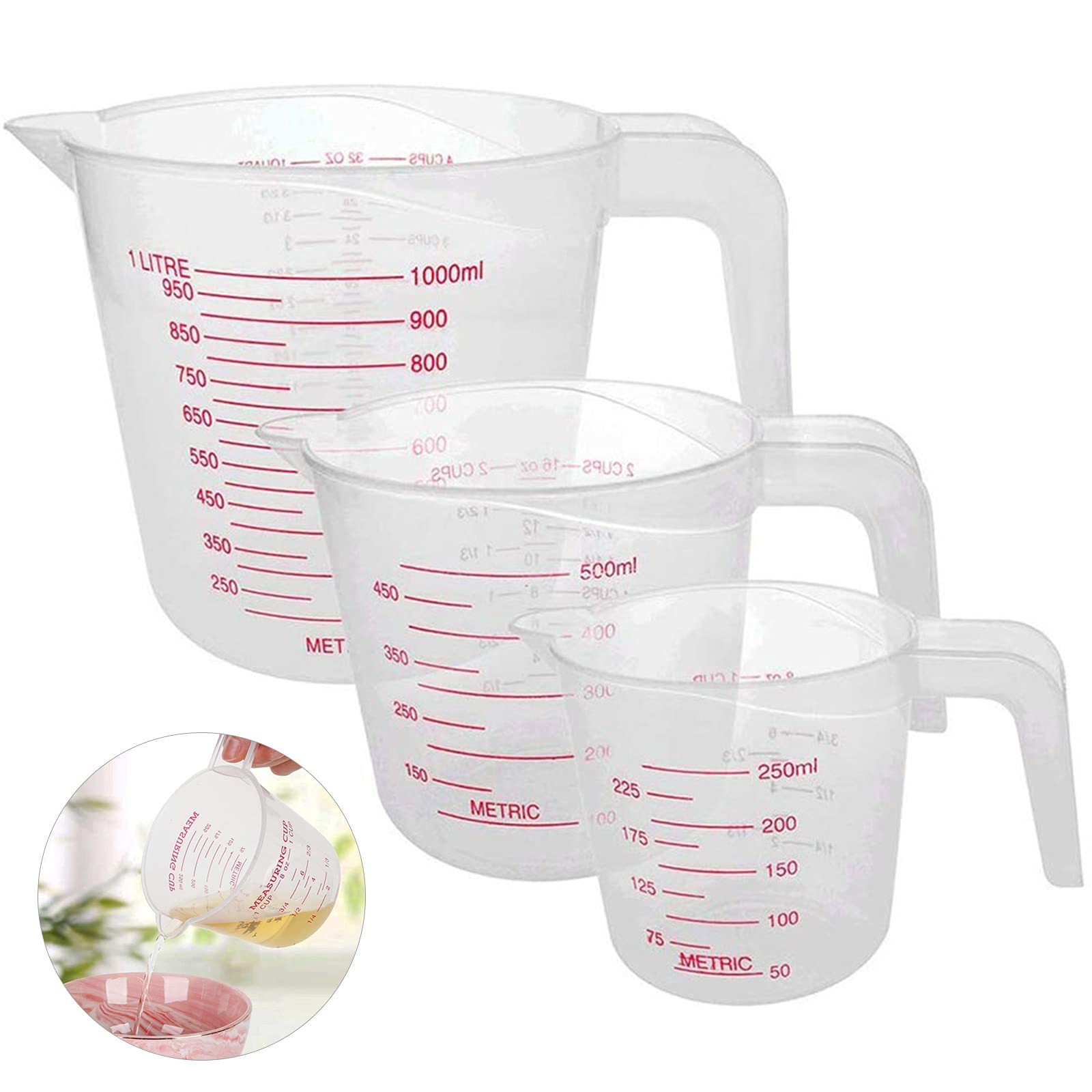 Surflyee Plastic Measuring Jugs 3PCS,Kitchen Baking Jugs Set, Measuring Jugs Set 250ML 500ML 1000ML Clear Measuring Cup for Cooking Baking, Easy to Read Measurements, Cook with Accuracy