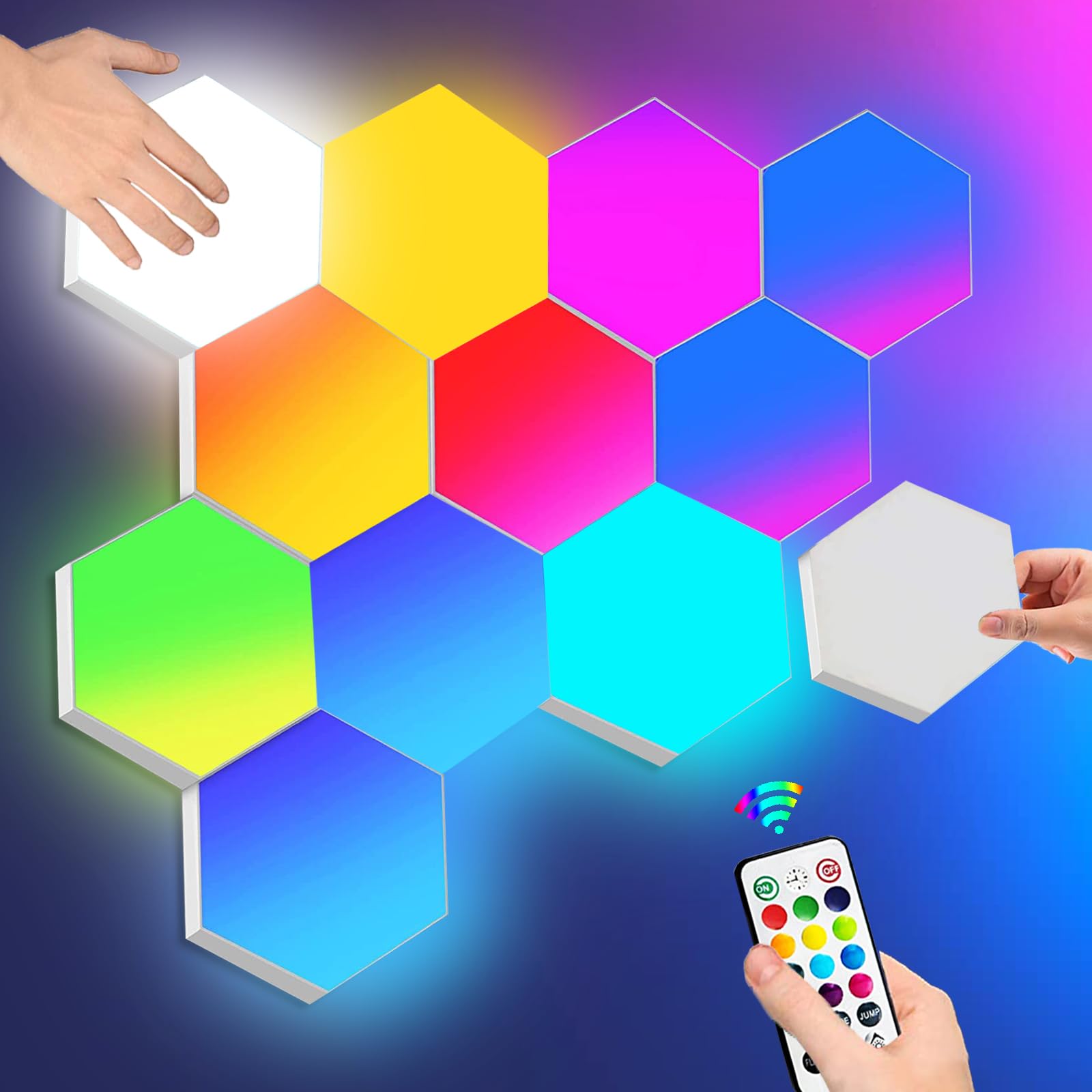 Hexagon Lights with Remote Control, Interactive LED Wall Light Panels Touch-Sensitive RGB Gaming Night Lights Mood Lightning DIY Geometry Splicing Module for Gaming Setup/Home Bar Party Decor, 6 Pack
