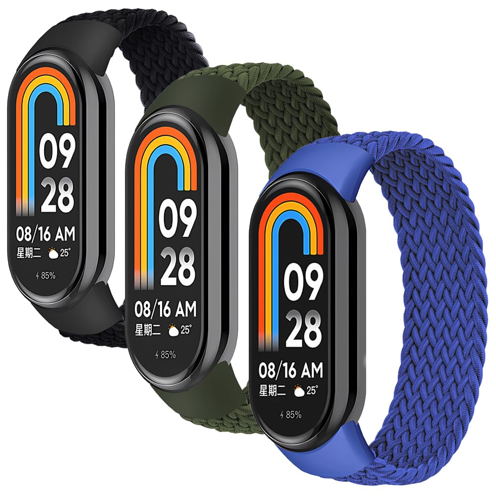 3 Pack Braided Solo Loop Compatible for Xiaomi Smart Band 9/ Mi Band 8 Strap,Adjustable Elastic Nylon Sport Band Replacement Stretchable Wristband for Xiaomi Mi Band 9/Miband 8 Women Men,M