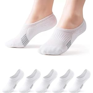 5 Pairs White No Show Socks for Women, Low Cut Non Slip Athletic Cotton Invisible Socks - US 6-9