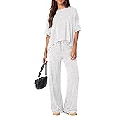 Darong Women's 2 Piece Outfits Matching Lounge Sets Short Sleeve Pullover Tops High Waisted Wide Leg Pants Tracksuit Sets