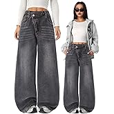 Nivne Tco Tween Girls Baggy Jeans Fashion Retro Washed Asymmetrical Waist Zipper Fly Vintage Wide Leg Denim Pants