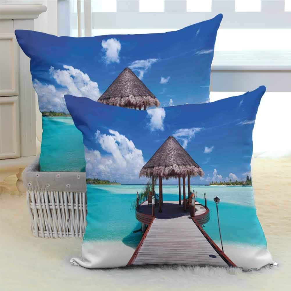 Anyangeight Ocean Hypo-Allergenic Poly Pillow Cases Jetty and The Ocean View on Tropical Caribbean Island Beach Resort Image Breathable Silky Ultra Soft for Couch/Bed/Sofa 2PCS - W16 x L16 inch